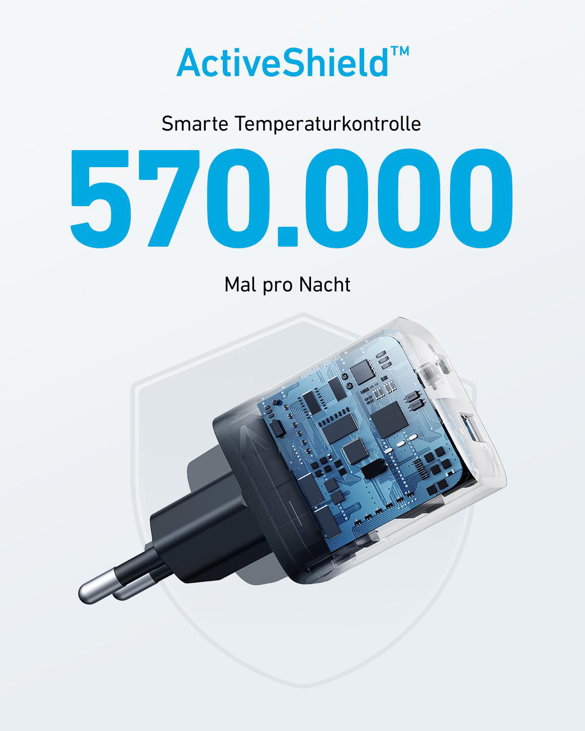 Weißes Ladegerät mit blau-weißer grafischer Darstellung.