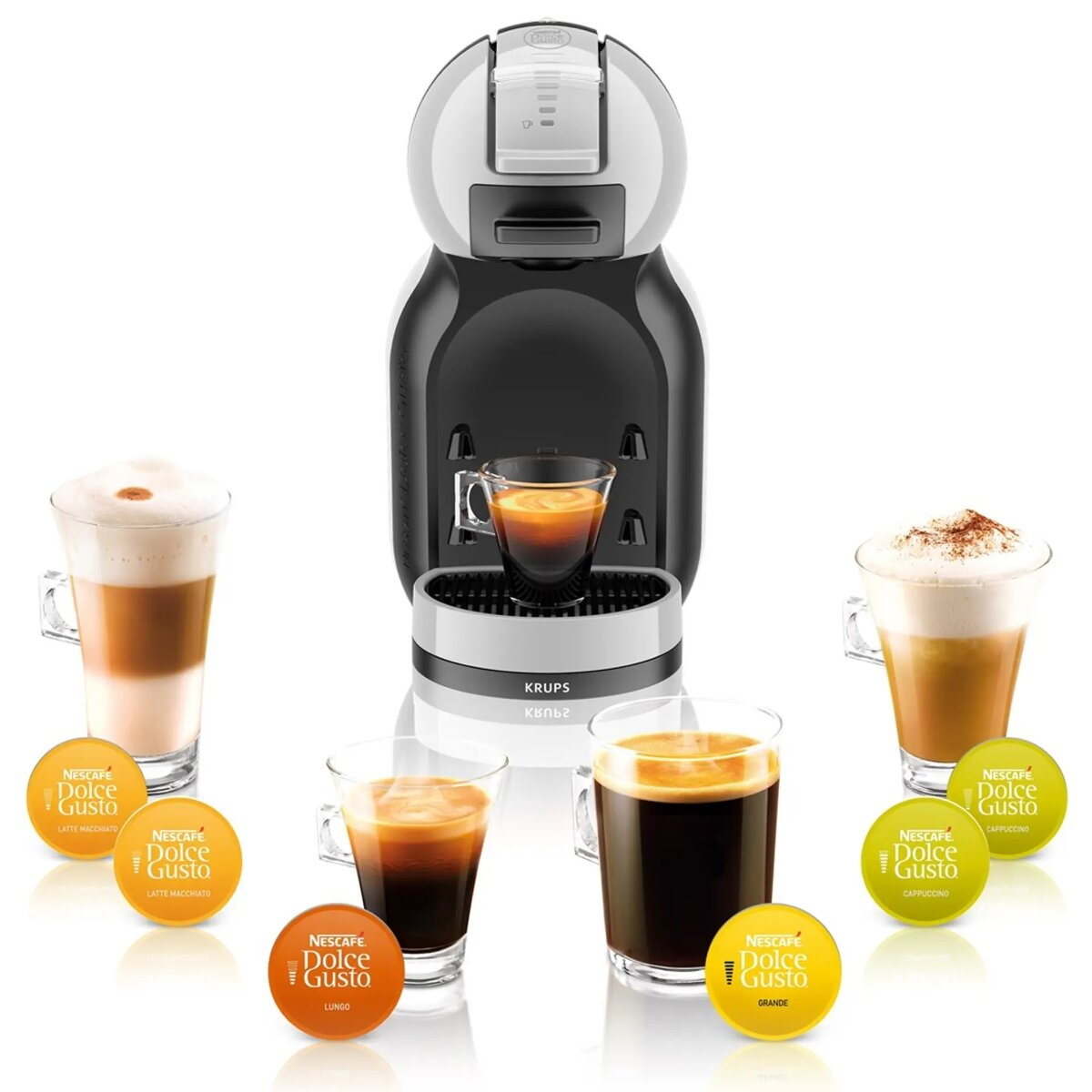 Czarno-biały ekspres do kawy Krups Dolce Gusto z kawą i kapsułkami.