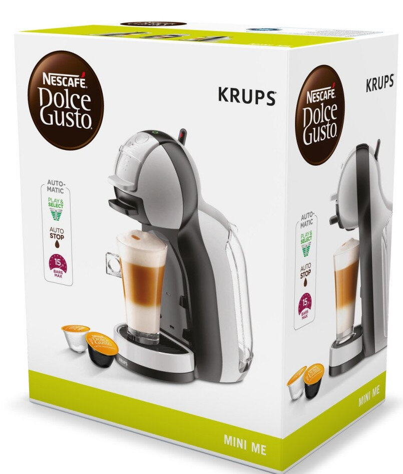 Zapakowany czarno-biały ekspres do kawy Dolce Gusto z filiżanką kawy.