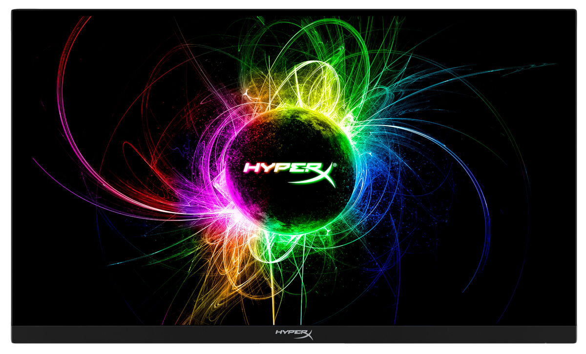 Monitor z kolorowymi wzorami świetlnymi w tle i słowem HYPERX pośrodku.