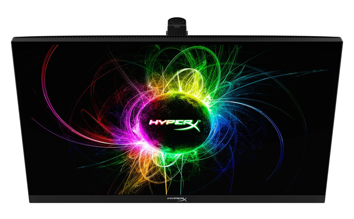 Monitor do gier HyperX z kolorową, abstrakcyjną grafiką na ekranie.