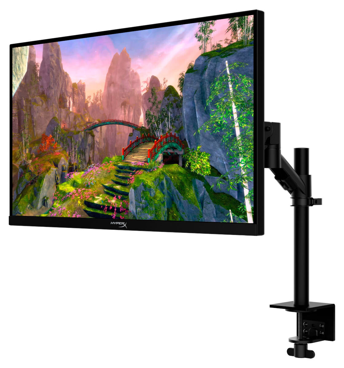 Monitor wyświetlający krajobraz, zamontowany na czarnym stojaku.