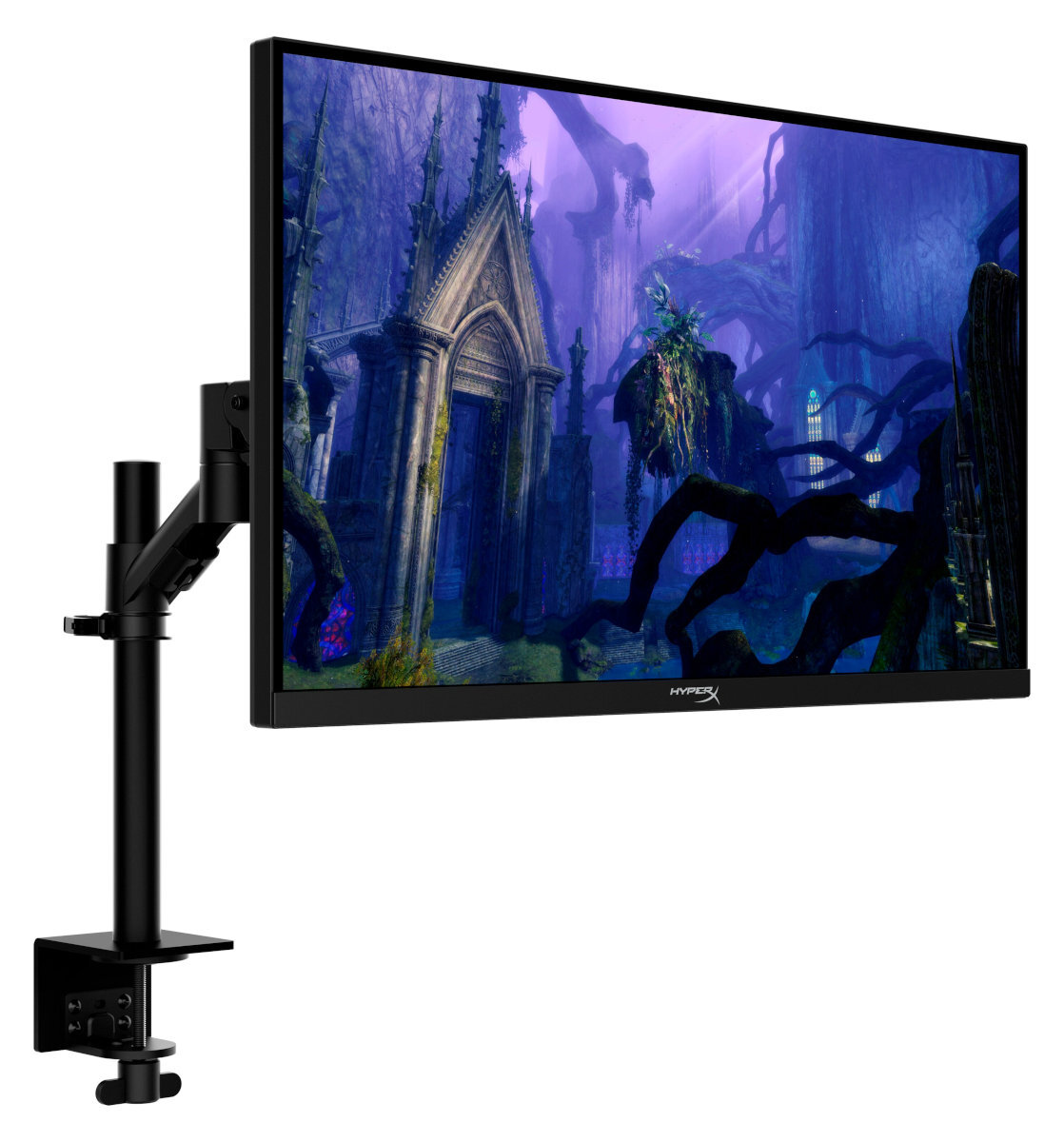 Monitor komputerowy zamontowany na czarnym ramieniu, wyświetlający scenę fantasy.