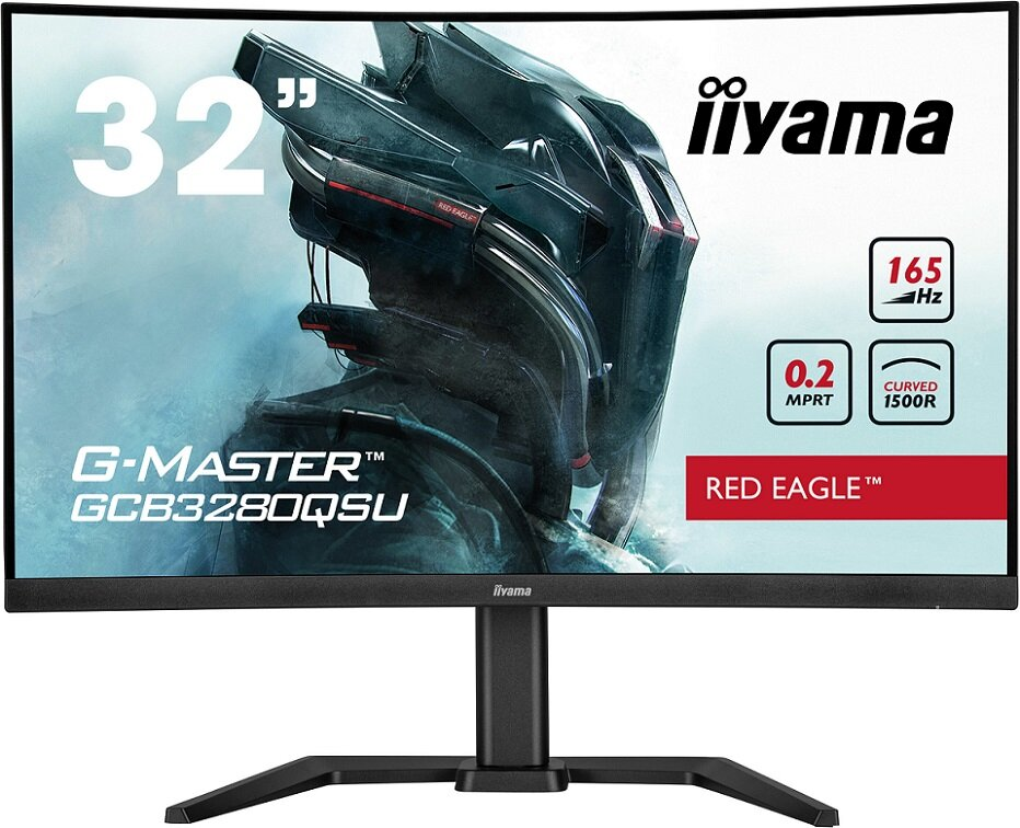 Zakrzywiony monitor komputerowy. Wyświetla nazwę marki, rozmiar ekranu i inne funkcje.
