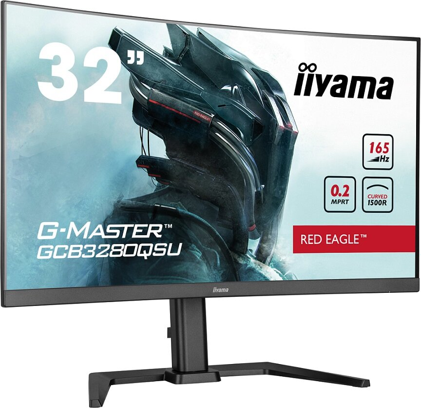 Zakrzywiony monitor komputera z czarną ramką, wyświetlający grafikę robota.