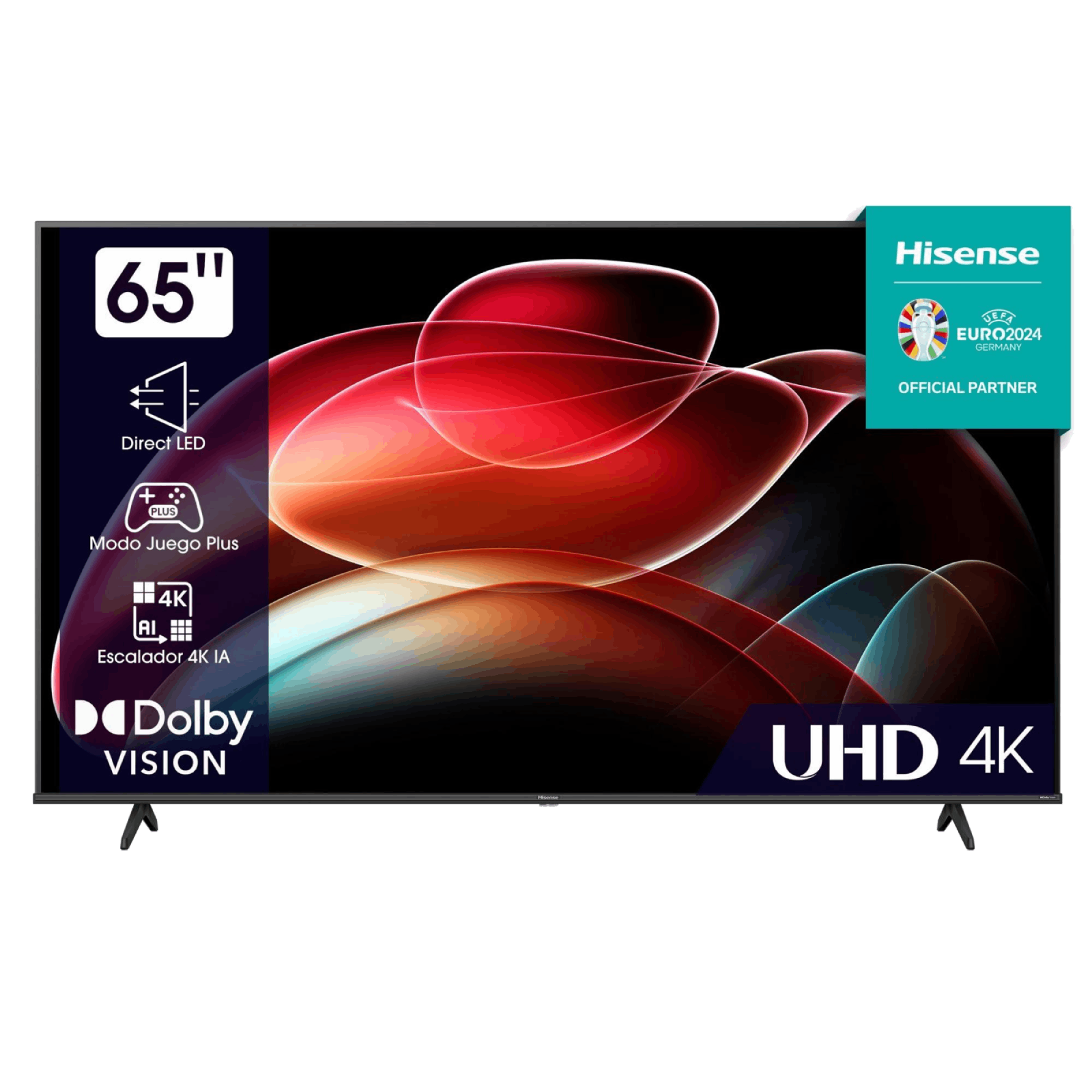 Un televisor Hisense de 65 pulgadas muestra una imagen abstracta en rojo y negro.