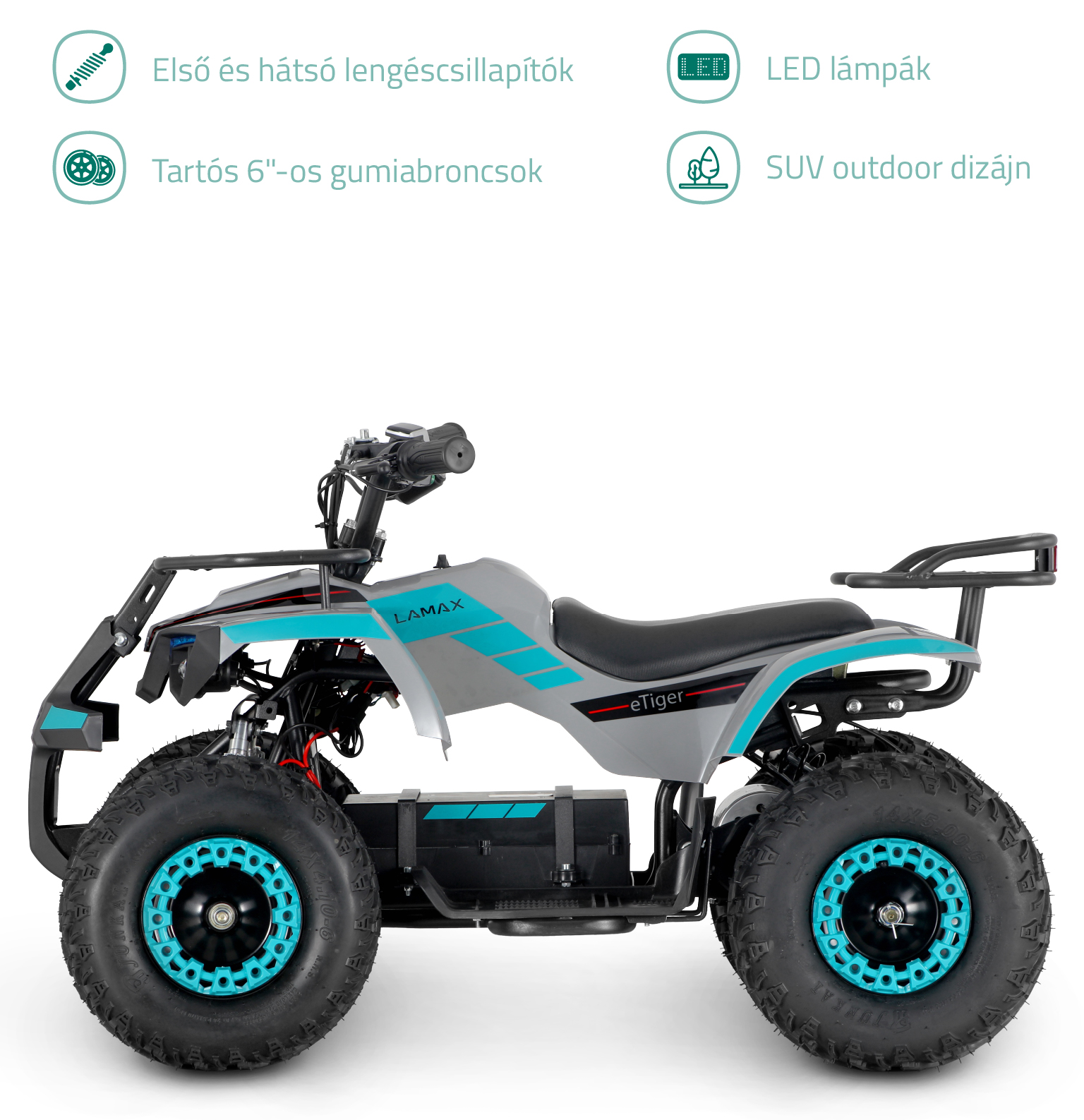 Szürke és türkiz ATV. Fekete gumiabroncsok türkiz díszítésekkel. Szöveg overlay-ek. Fehér háttér.