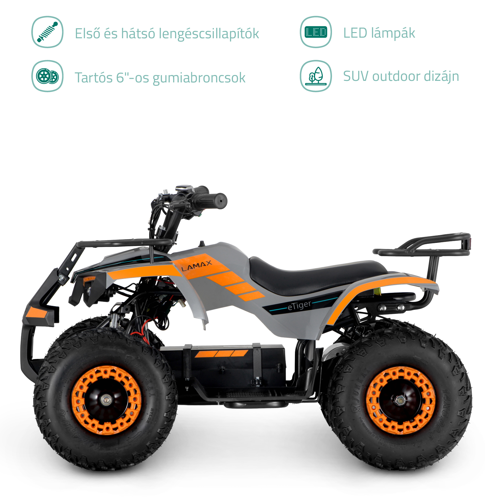 Szürke és narancssárga eTiger ATV jellemzői: LED-lámpák, felfüggesztés és robusztus gumik.