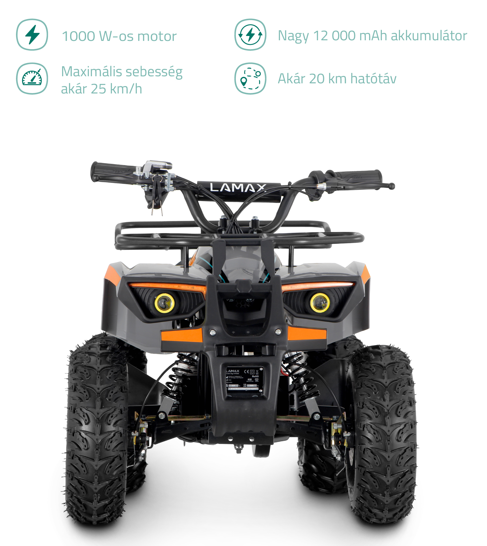Fekete-narancs quad bike. Fekete gumik, narancs lámpák, szöveg elöl.