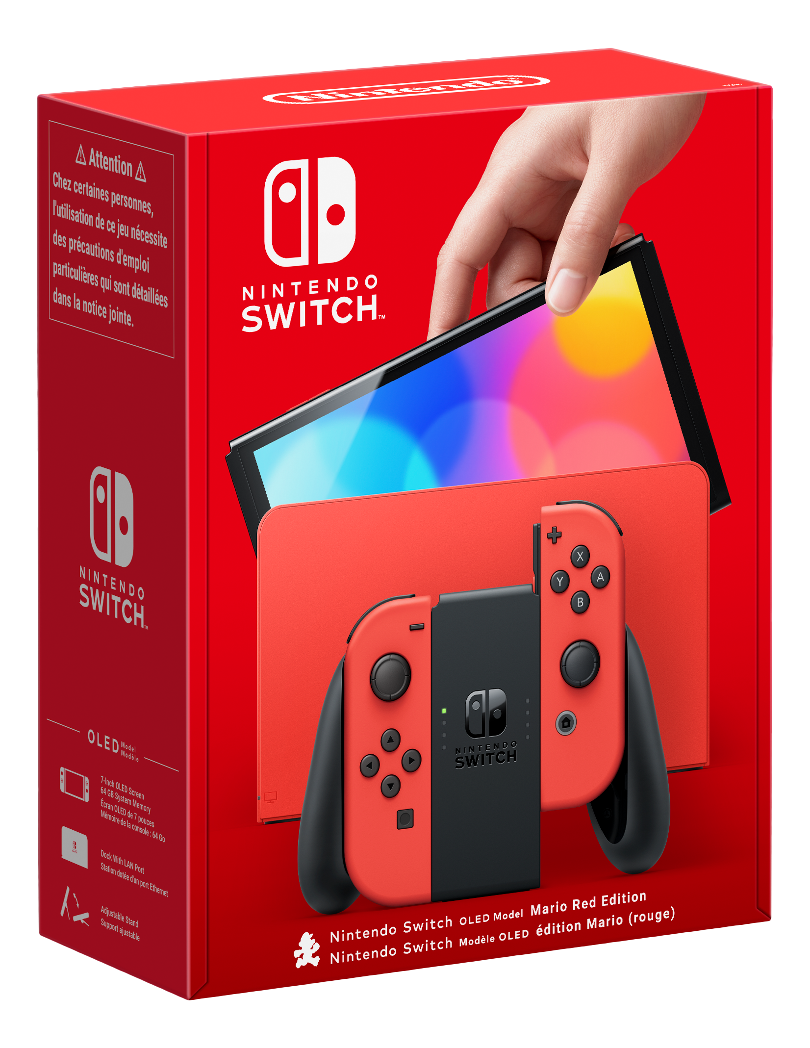 Eine rote Nintendo Switch OLED Modellbox. Eine Hand hält die Konsole und Joy-Cons.