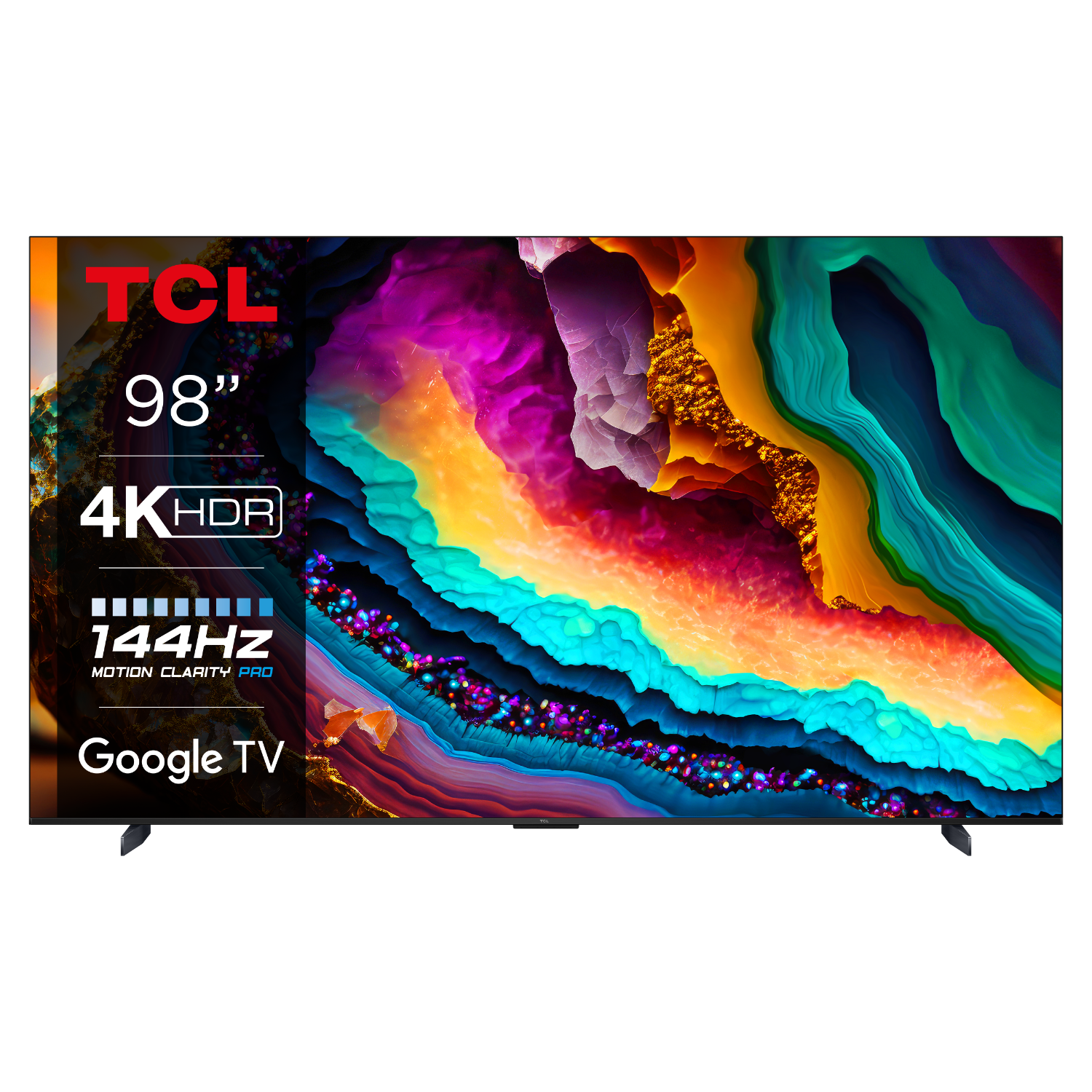 Grote tv met kleurrijk abstract display, branding. Kenmerken: 98", 4K HDR, 144Hz, Google TV.