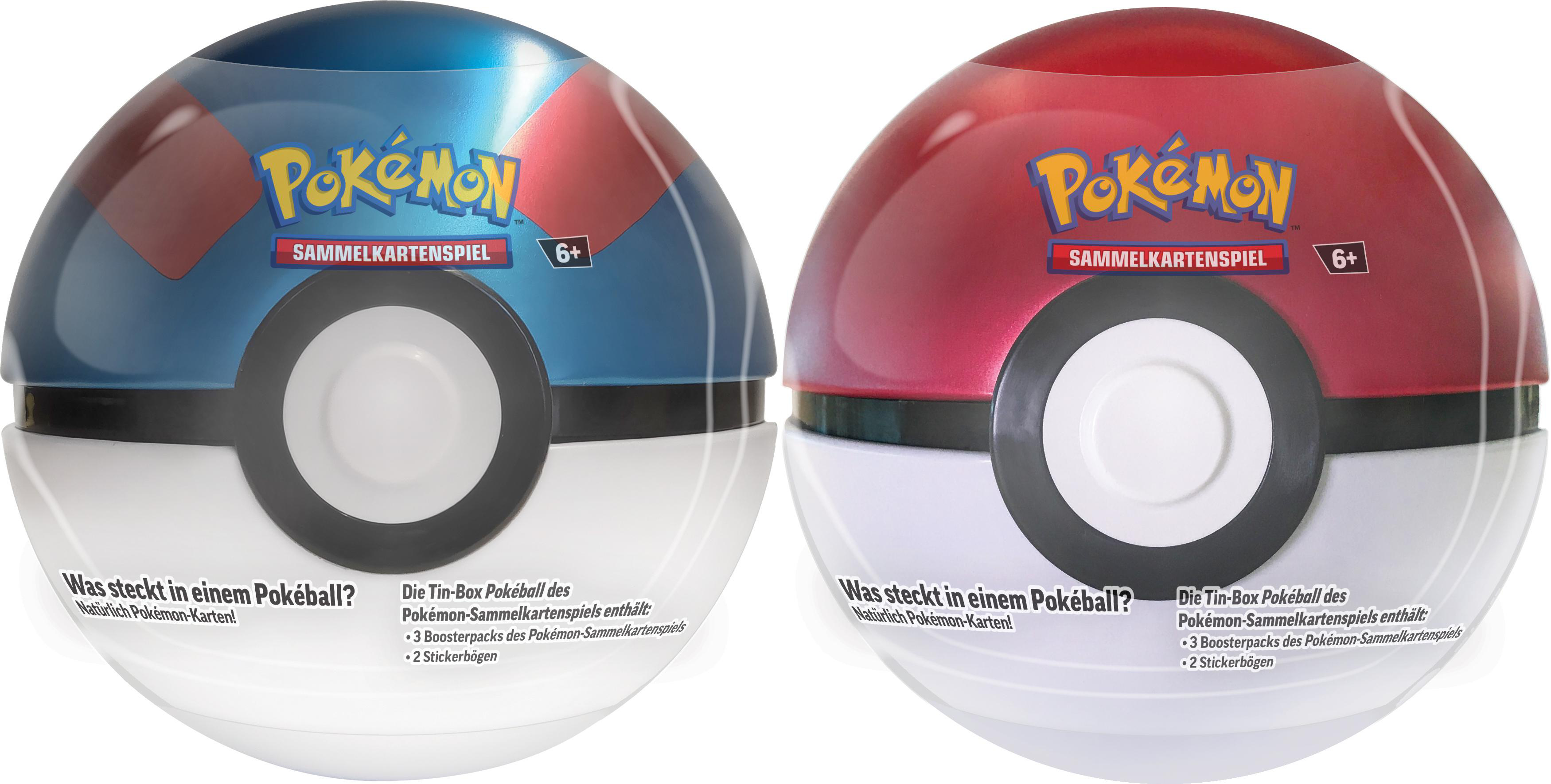 Zwei Pokéball-Dosen mit Pokémon-Motiv, blau und rot, mit Text.