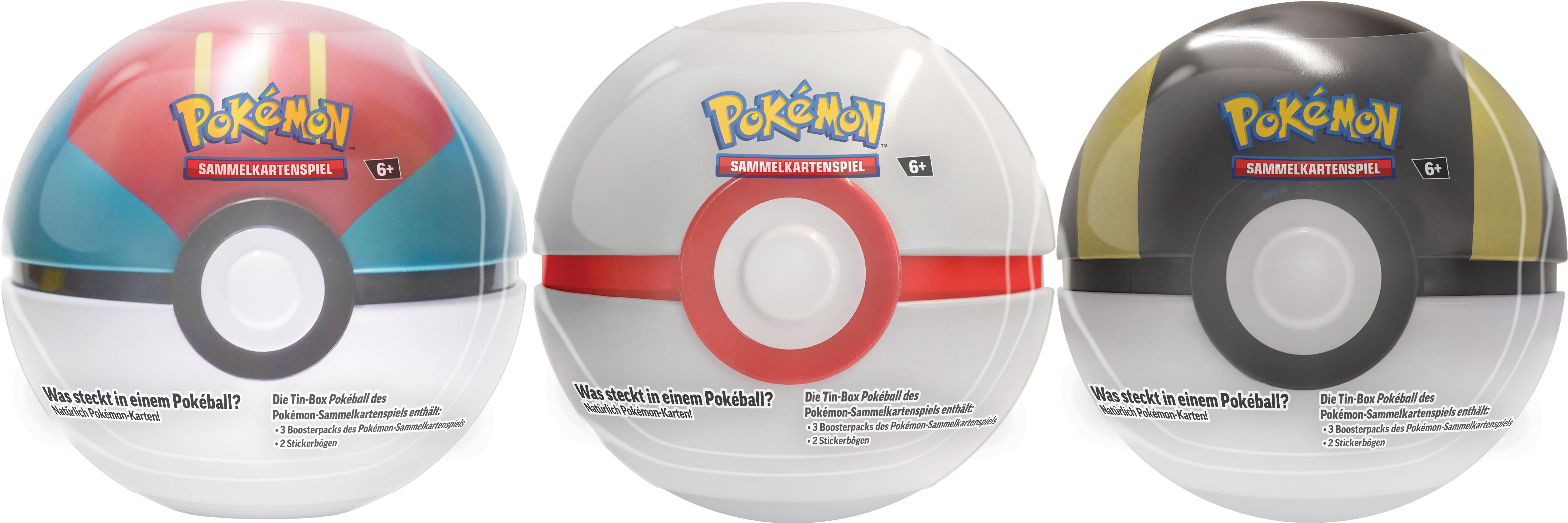 Drei Pokémon-Kartendosen. Jede hat ein anderes Farbschema und ein Pokémon-Logo.