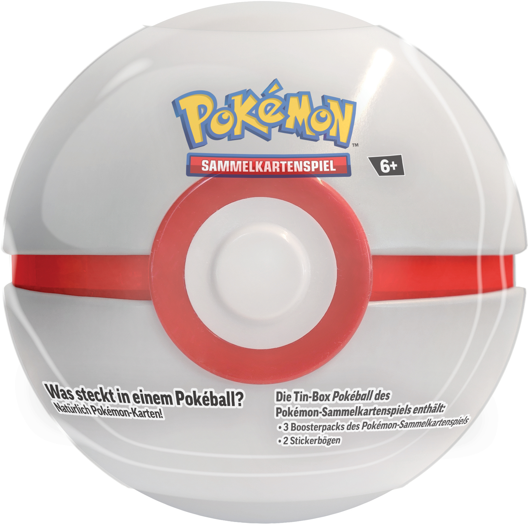 Ein weißer und roter Pokeball mit Text darauf. Enthält Text über Pokemon-Karten.