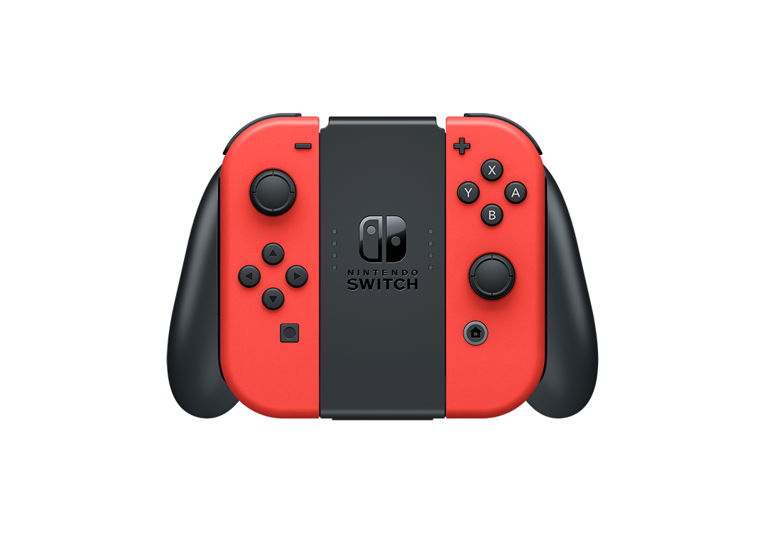 Mandos Nintendo Switch; rojo y negro. Logo Nintendo Switch en el centro.