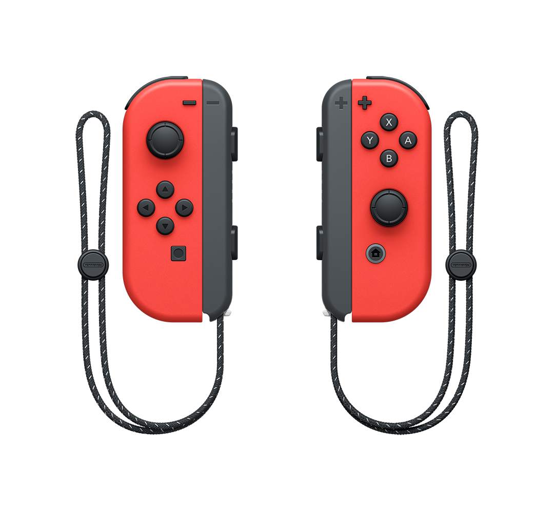 Dos mandos Joy-Con de Nintendo Switch rojos y grises con correas para la muñeca sobre fondo negro.