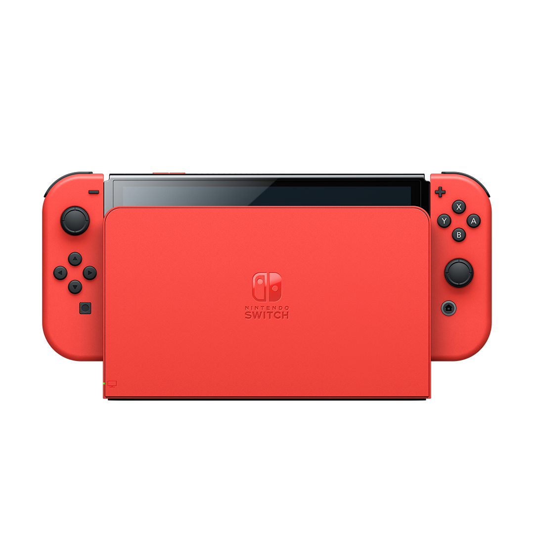 Consola Nintendo Switch roja, con mandos rojos sobre fondo negro.
