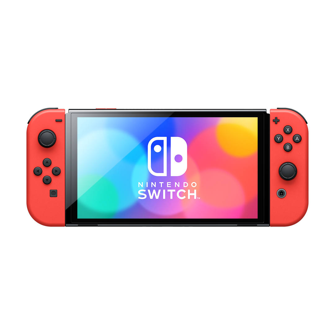 Consola Nintendo Switch con Joy-Cons rojos. Fondo negro.