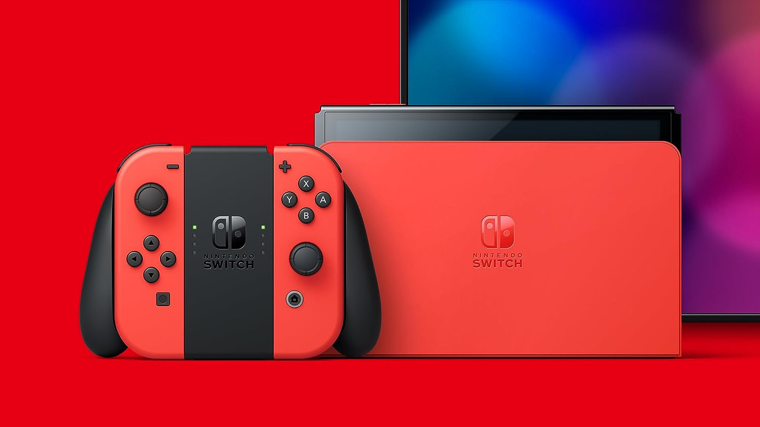 Consola y mandos Nintendo Switch, rojo y negro sobre fondo rojo.