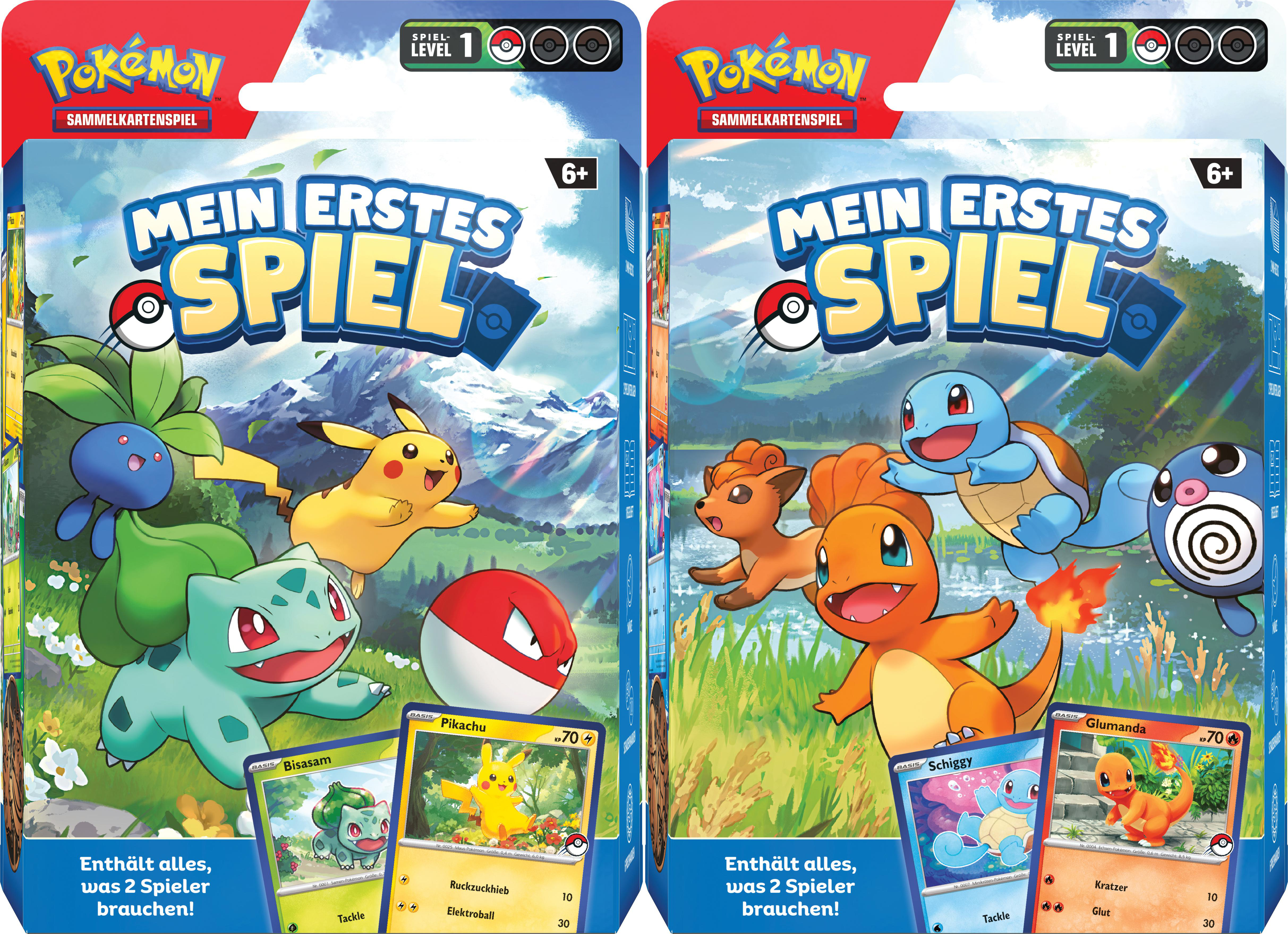 Zwei Pokémon-Kartenspielboxen. Jede Box zeigt Pokémon-Charaktere und Spielinformationen auf der Vorderseite.
