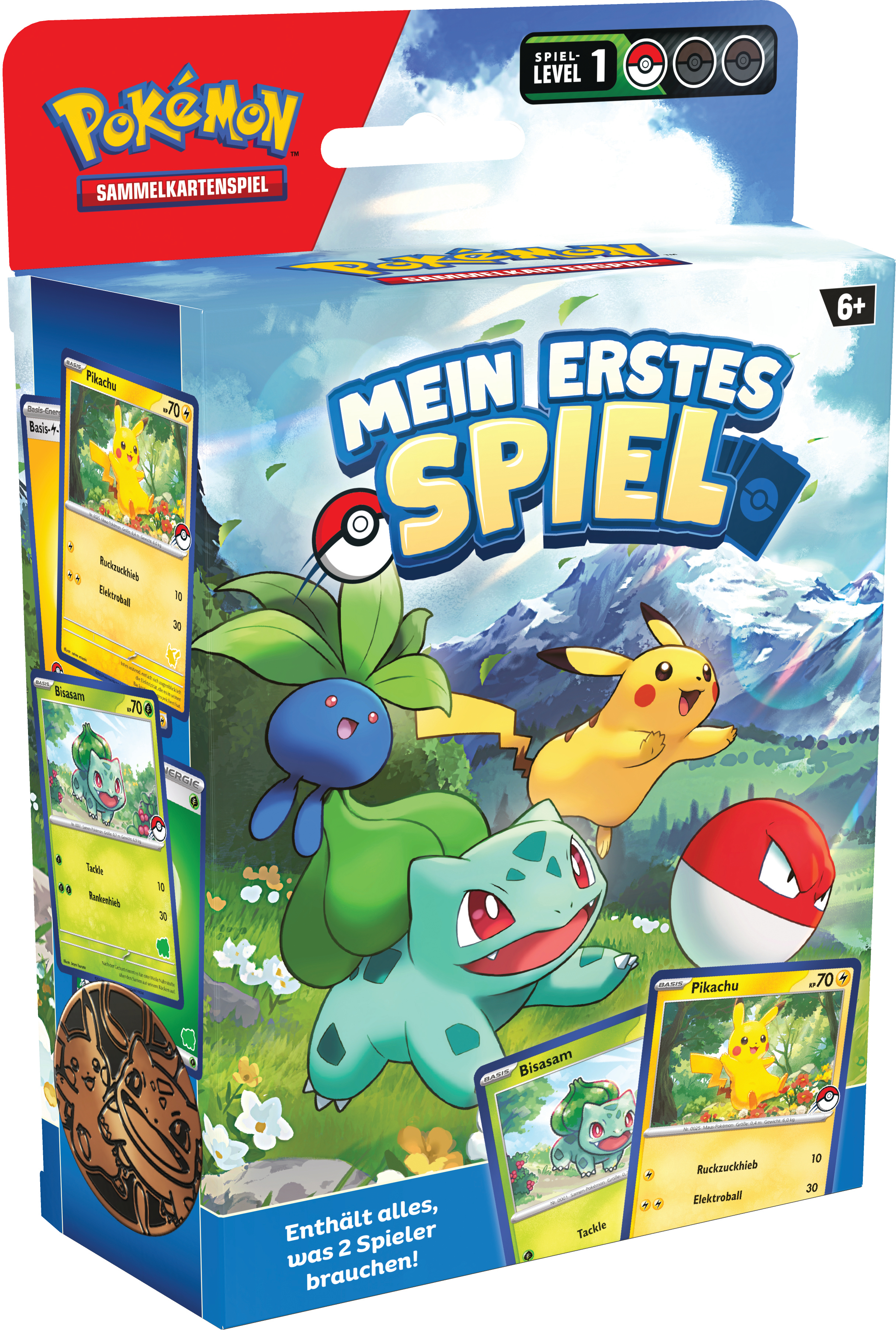 Schachtel des Pokémon-Kartenspiels mit Pikachu, Bisasam und anderen Pokémon-Charakteren.