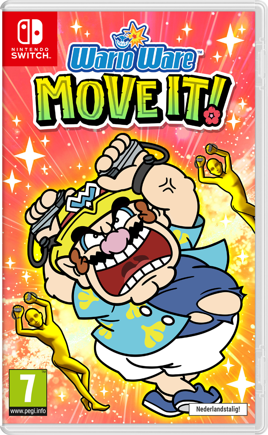 Couverture du jeu WarioWare: Move It! pour Nintendo Switch. Wario avec deux bonhommes allumettes jaunes.