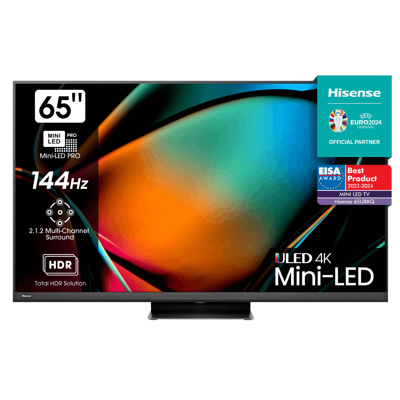 Televisor de 65 pulgadas con pantalla colorida. Con logotipo de Hisense y etiqueta Mini LED.