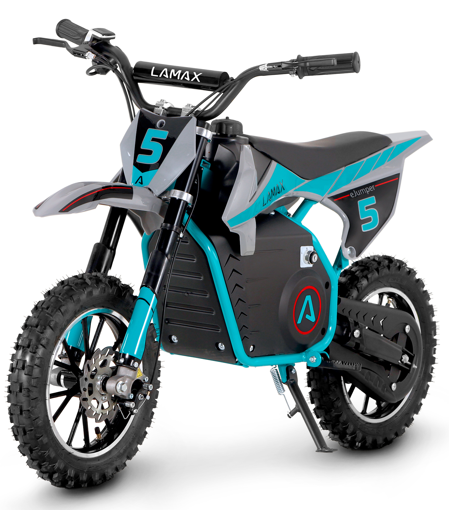 Egy kék-szürke elektromos dirt bike elölről, fehér háttérrel.