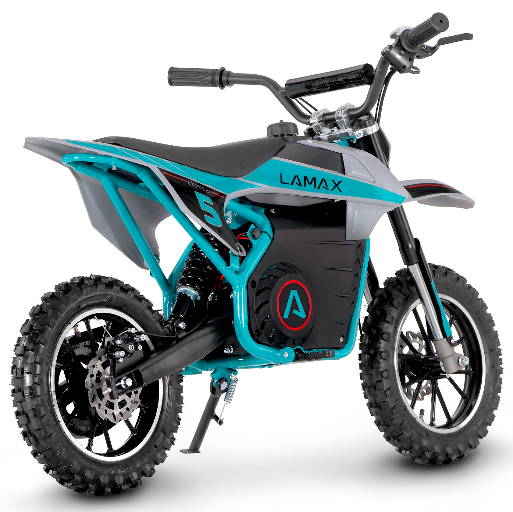 Türkiz-szürke Lamax elektromos dirt bike. Fekete gumik és ülés. Fehér háttér.