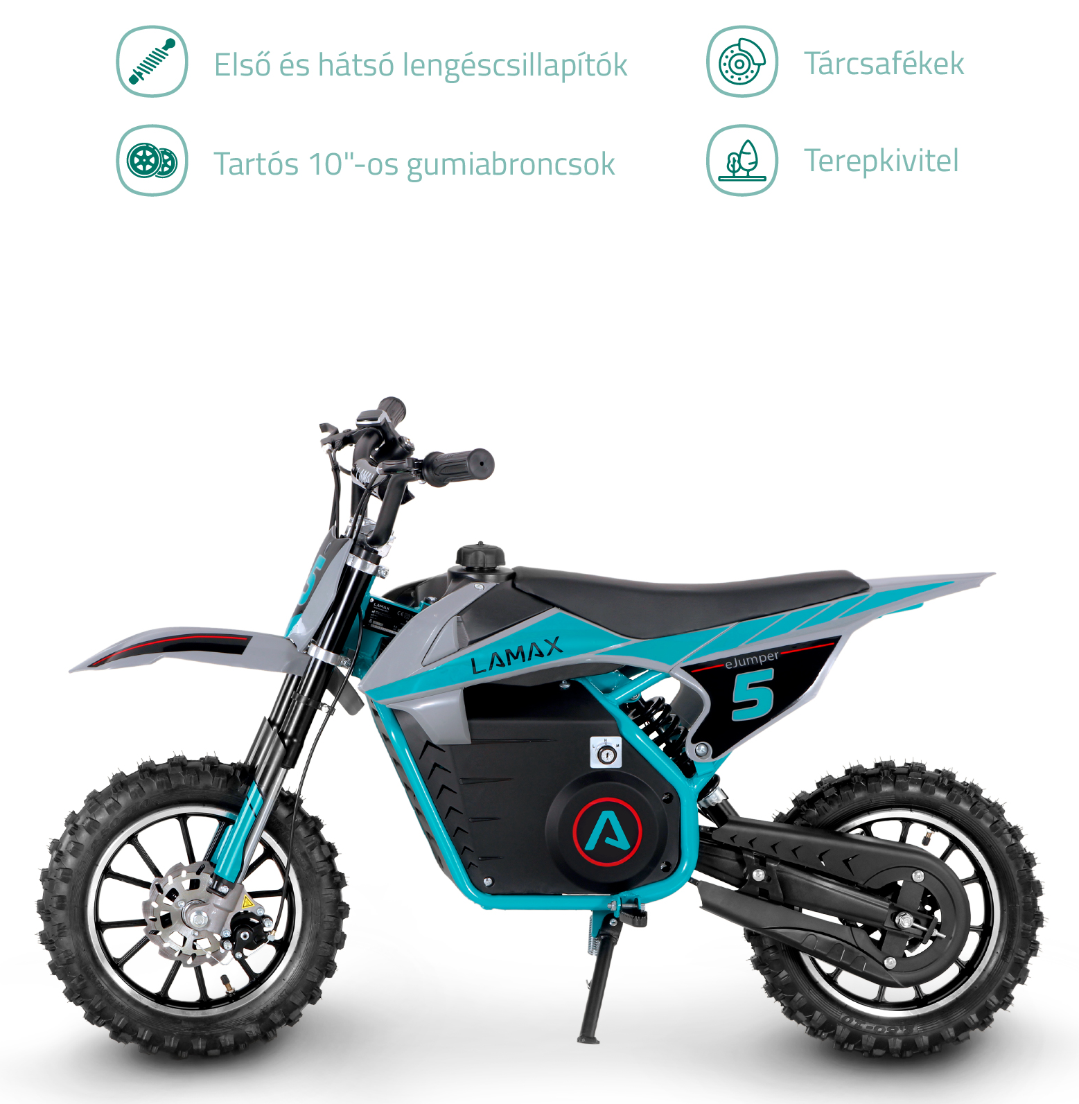 Kék és szürke elektromos dirt bike. Kis első gumija és nagy hátsó gumija van.