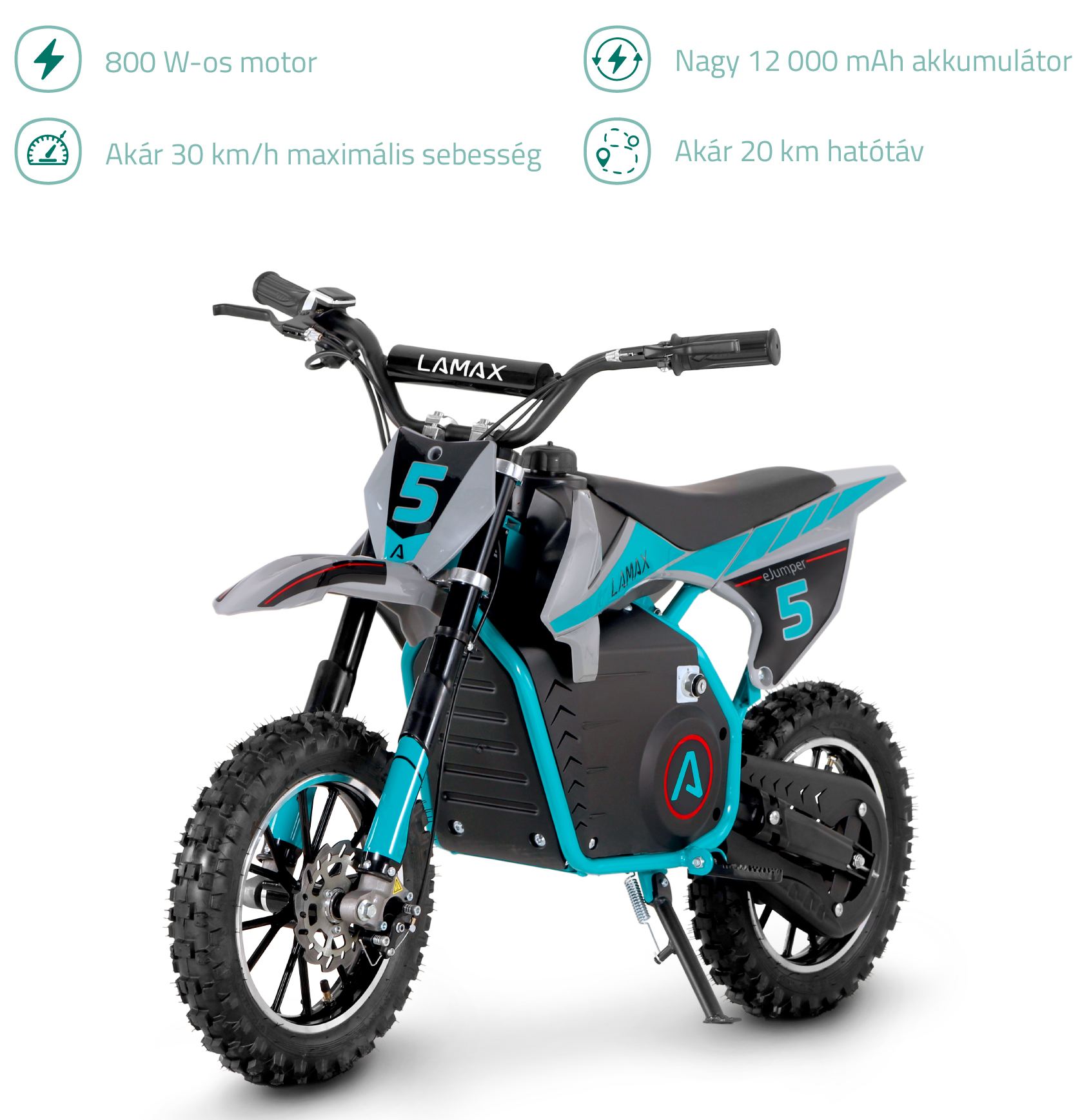Kék-szürke Lamax elektromos dirt bike, 5-ös számmal. Fehér háttér, adatokkal.