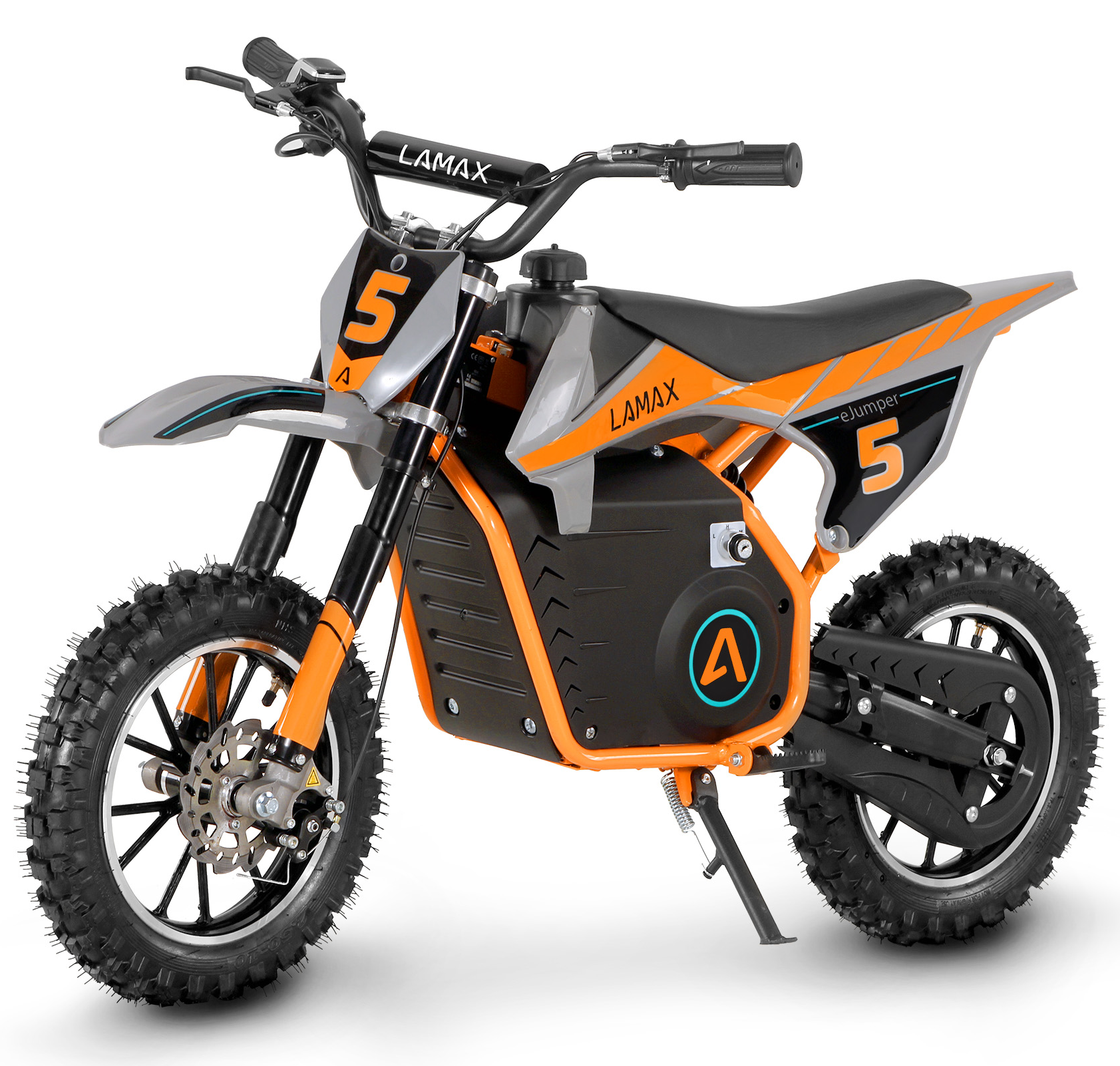 Narancs-fekete LAMAX elektromos dirt bike, 5-ös számmal az oldalán és elől.