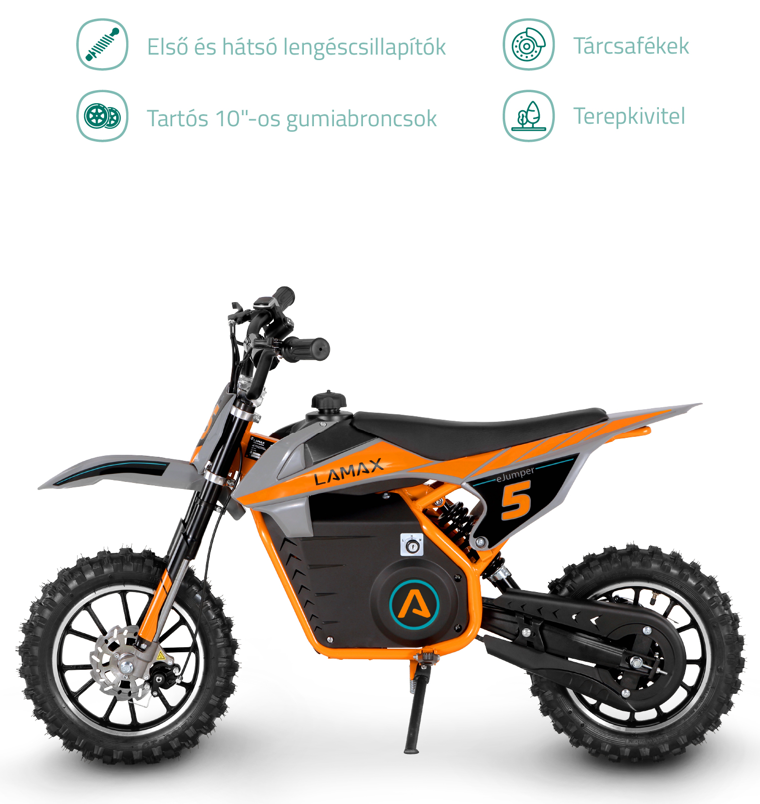 Narancs és fekete Lamax e-jumpel 5 elektromos motorkerékpár. Fehér háttér.