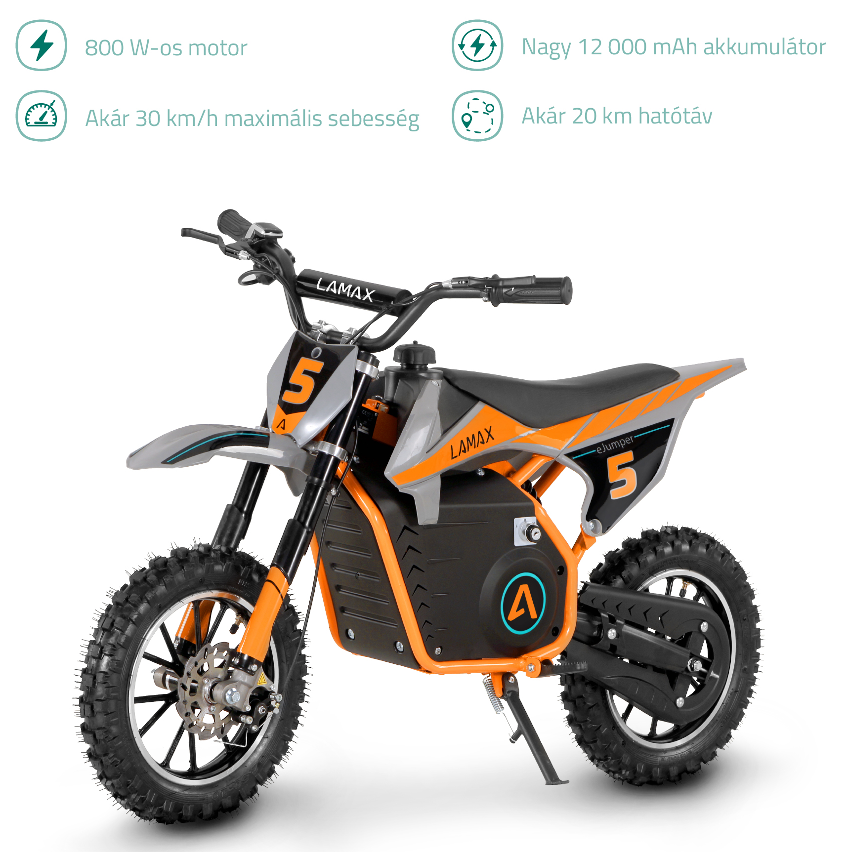 Egy narancs-fekete Lamax elektromos motorkerékpár játék, termékadatokkal és specifikációkkal.