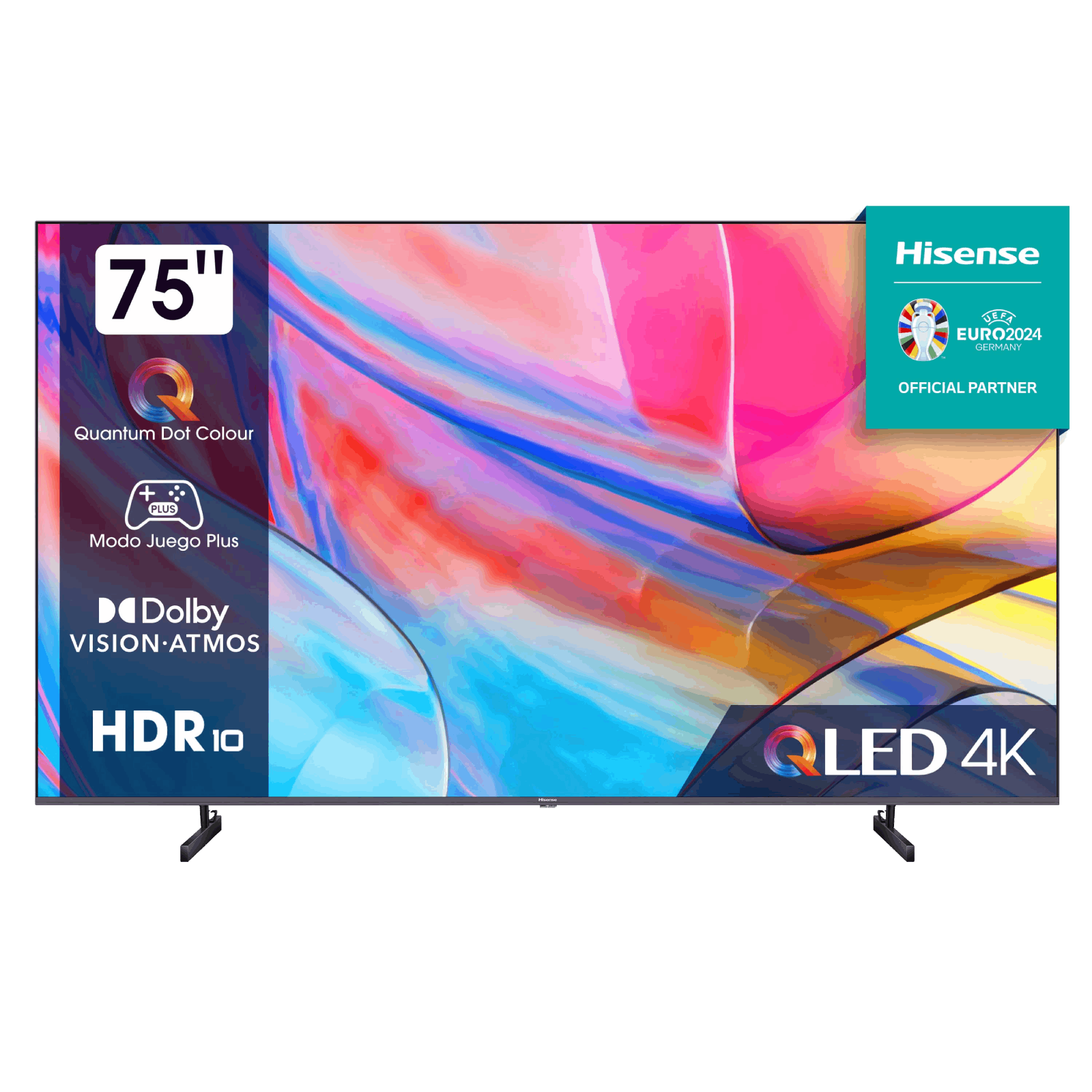 Un televisor Hisense QLED 4K de 75" con gráficos y logotipos en un soporte negro.