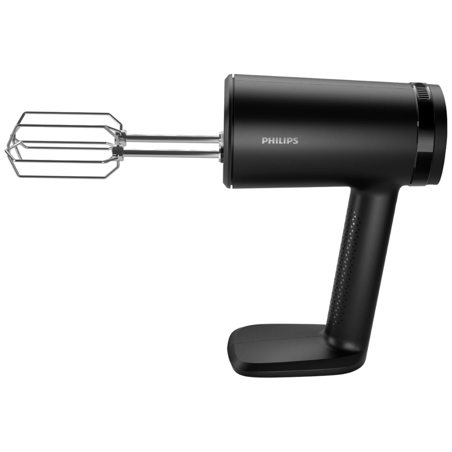 Black Philips hand mixer on a black background.