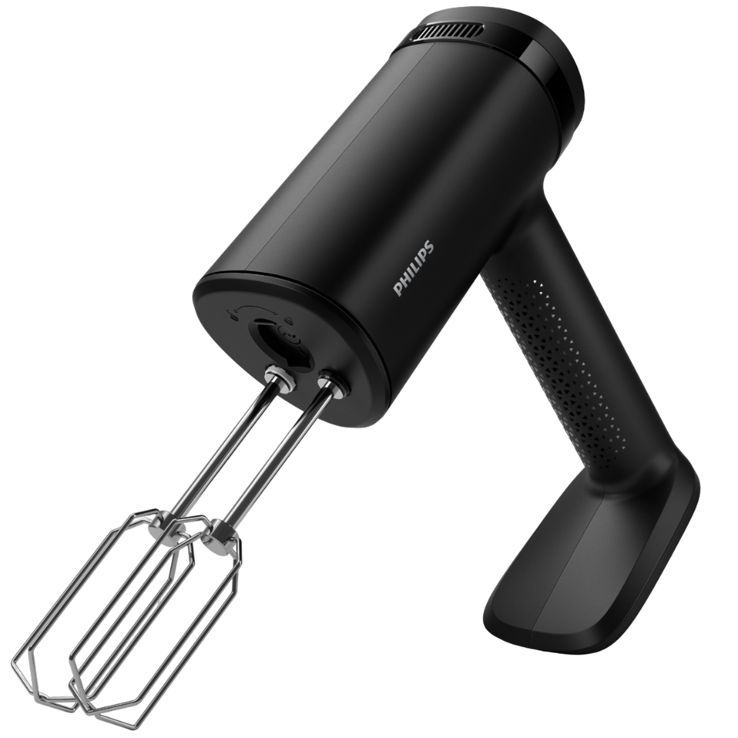 Black Philips hand mixer with two beaters against a black background.