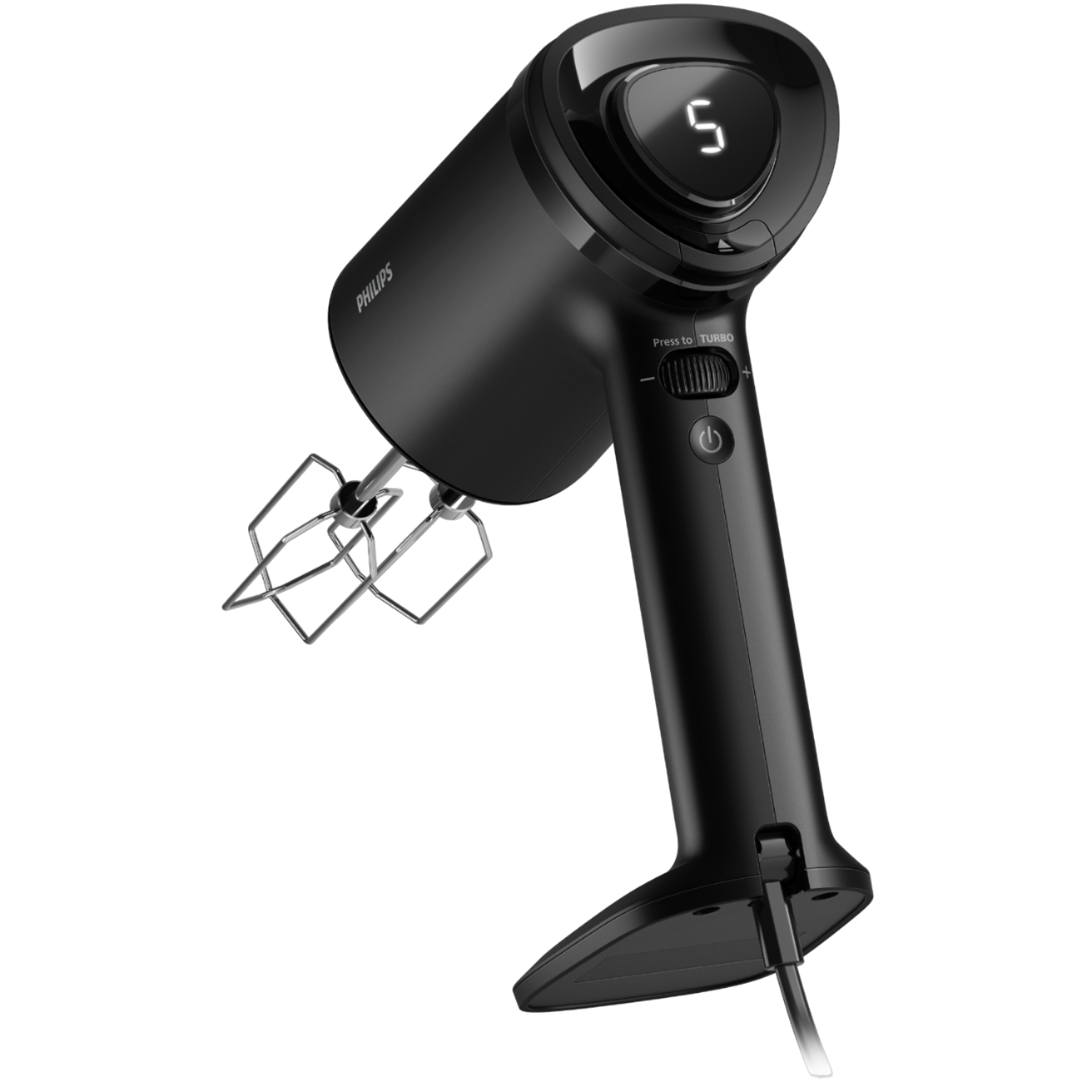 A black hand mixer with a digital display, buttons, and a white cord, on a black background.