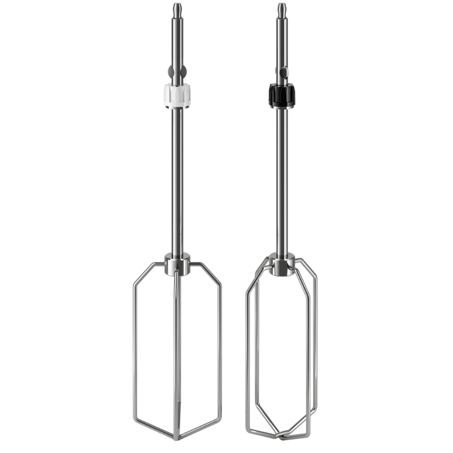 Two mixer attachments. One with a white, one with a black attachment part.