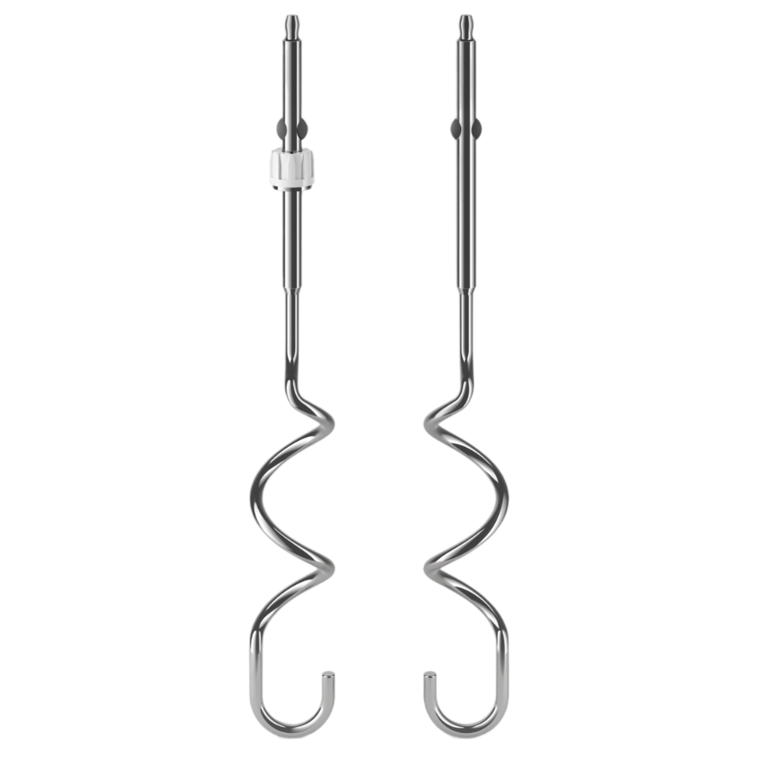 Two silver mixer attachments, curved shape, on black background.