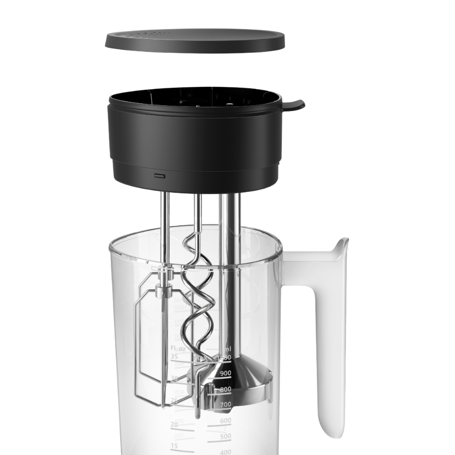 A black immersion blender with a clear beaker. The blender is in parts, with the blade assembly visible.