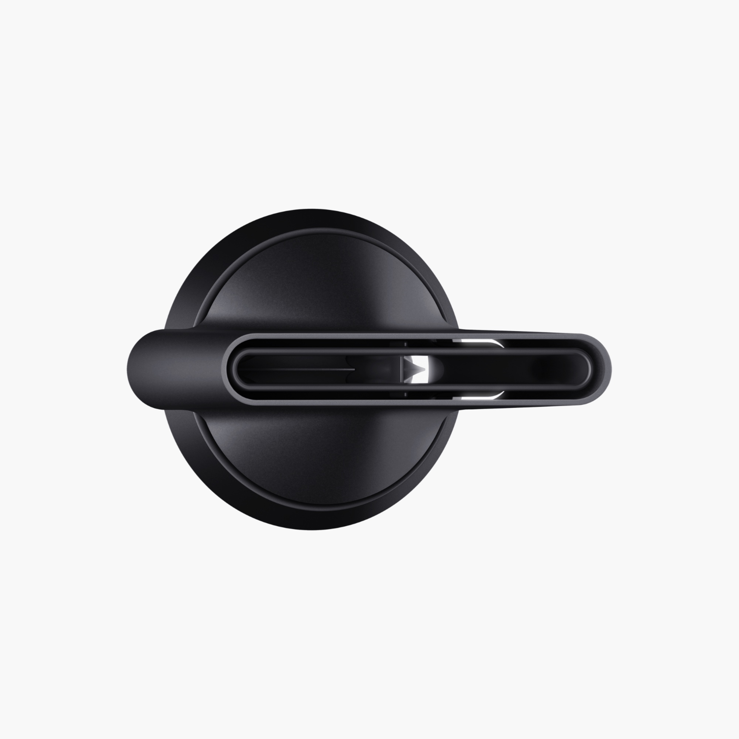 A black hairdryer nozzle, top view, on a white background. Oval shape.