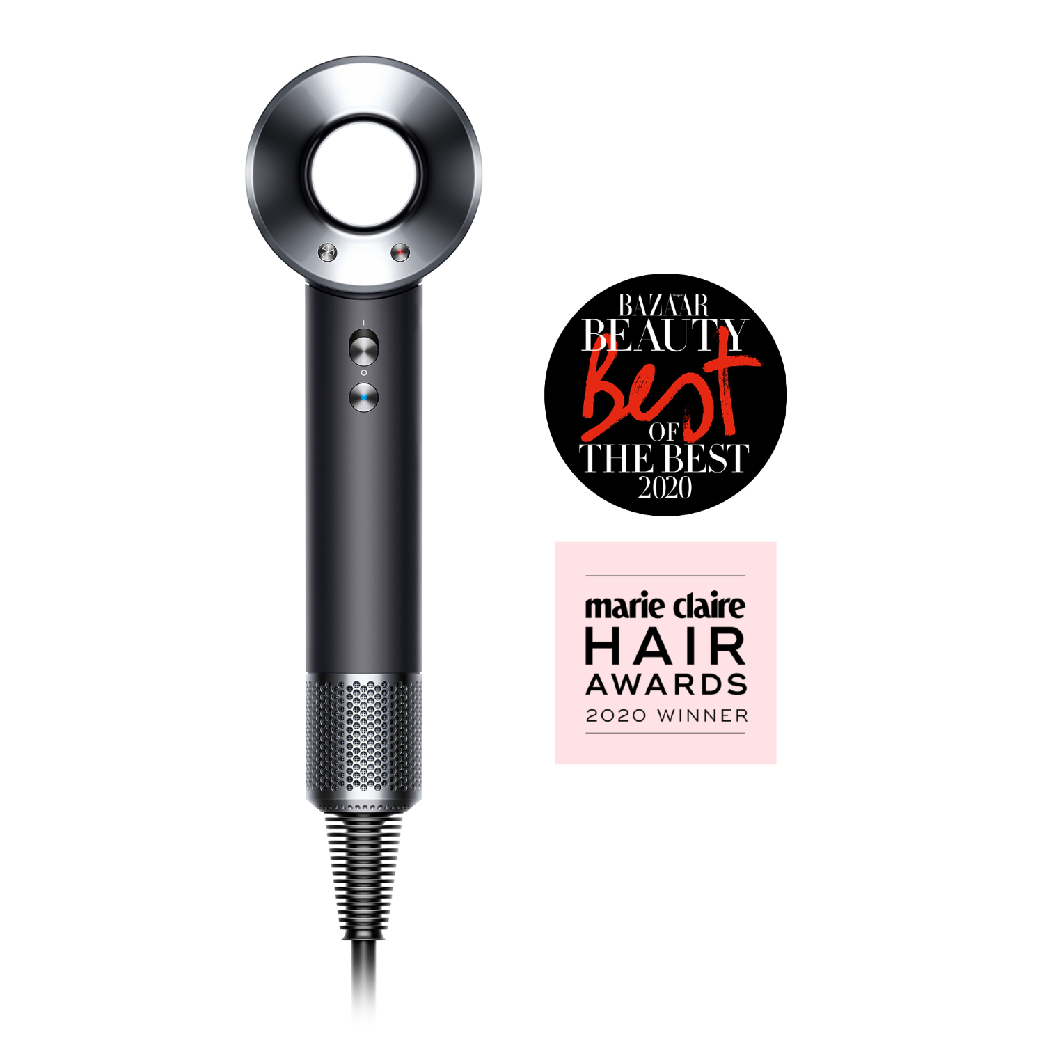 A black Dyson hair dryer, with awards logos. The dryer is held against a white background.