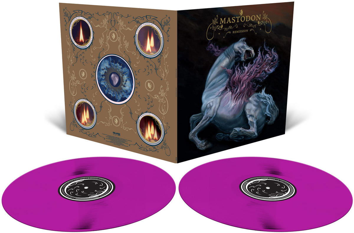 Mastodon album borítója. Két lila bakelit lemez van egy hajtogatott borító előtt, amely lángokkal rendelkező lovat ábrázol.