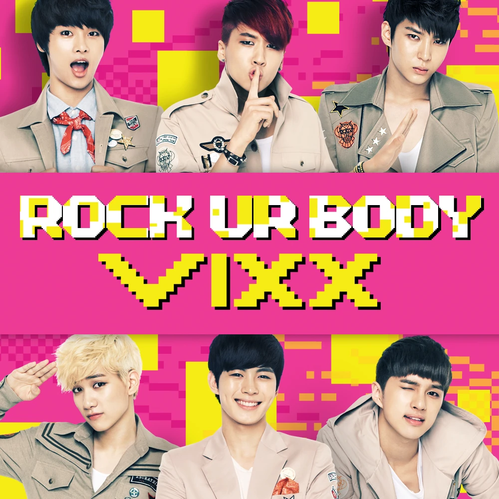 Albumhoes, VIXX, 'Rock Ur Body'. Zes Koreaanse mannen op een roze achtergrond. De naam van de band is geel.