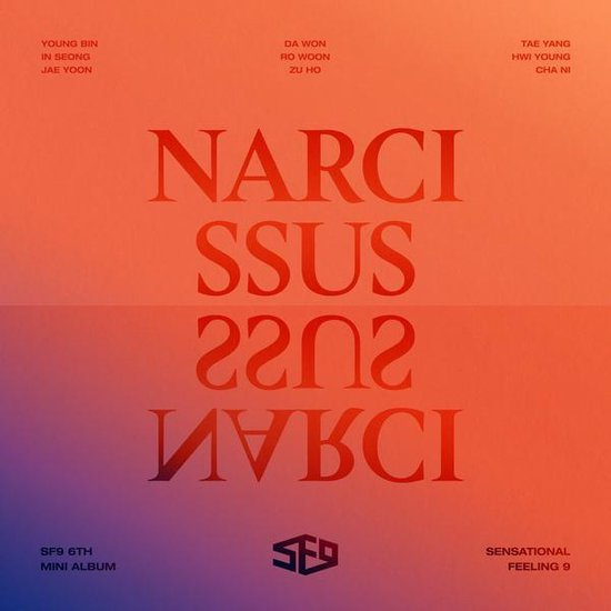 Albumhoes met het woord 'NARCISSUS' en namen. Oranje tot rode gradiënt achtergrond.
