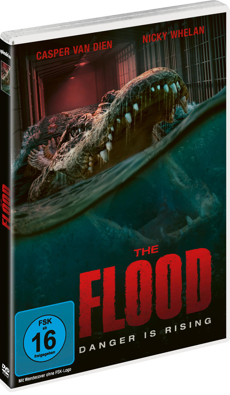 DVD-Cover für den Film 'The Flood'. Zeigt ein Krokodil im Wasser und den Titel.