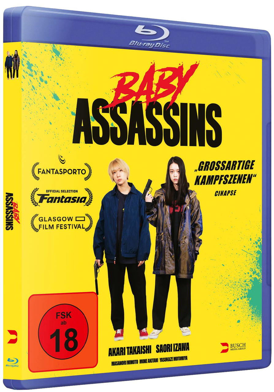 Eine Blu-ray-Disc-Hülle mit dem Titel 'Baby Assassins', mit Schauspielern und Markenlogos des Films.