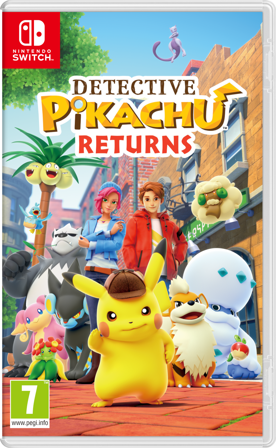 Detective Pikachu Returns gamebox. Personages Pikachu, Tim en anderen.
