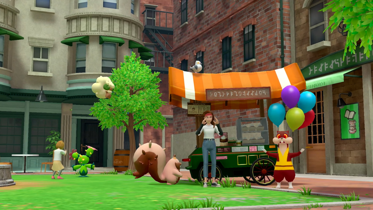 Een 3D-tekenfilmscène met mensen, een eettentje, ballonnen en verschillende Pokémon-personages in een stadspark.